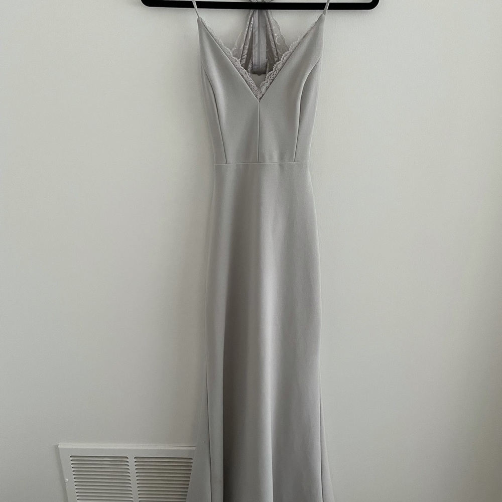 Grey lulus prom dress.